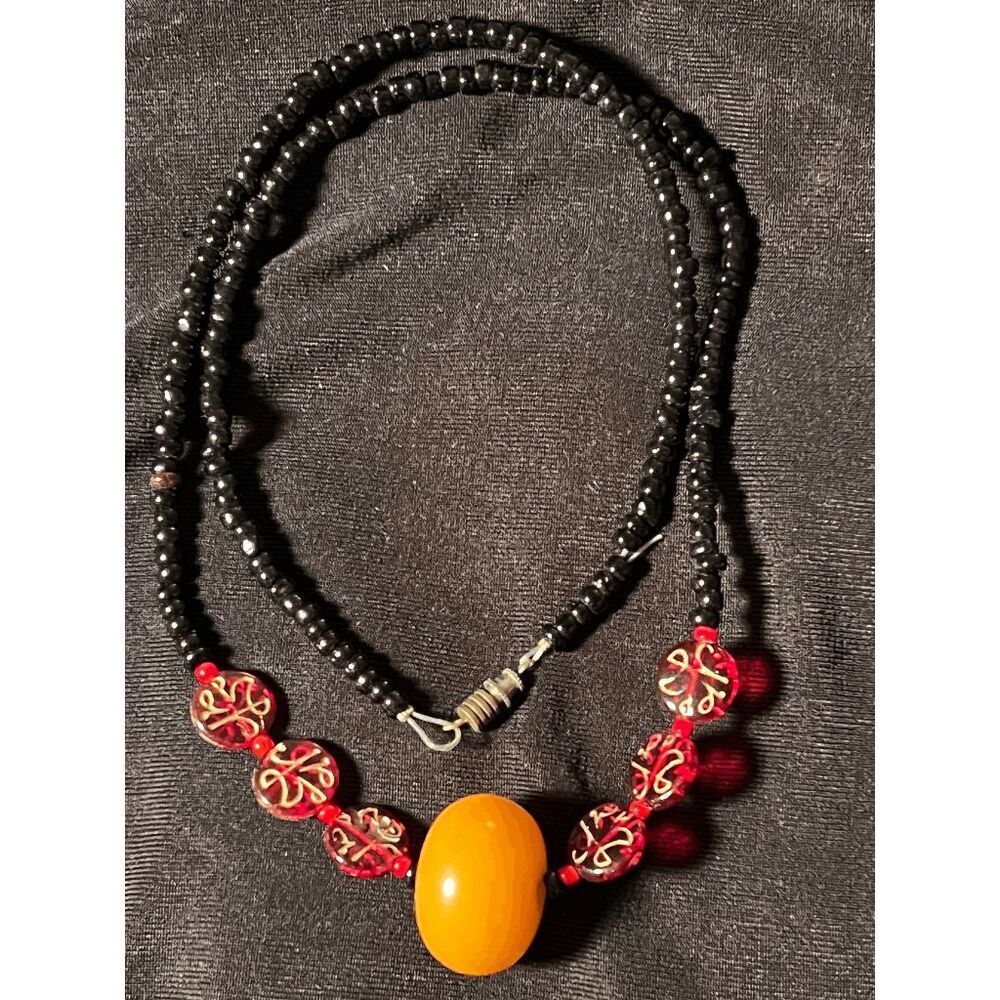 Artisan Made Chunky Orange Jade with Red Glass beads and Black Seed Beads - 24"
